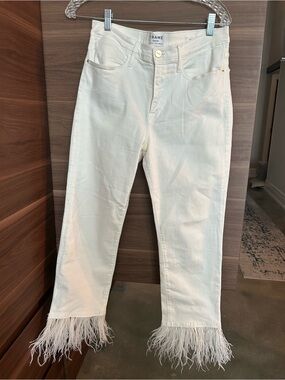 Frame Denim White Feather-Hem Cropped Jeans